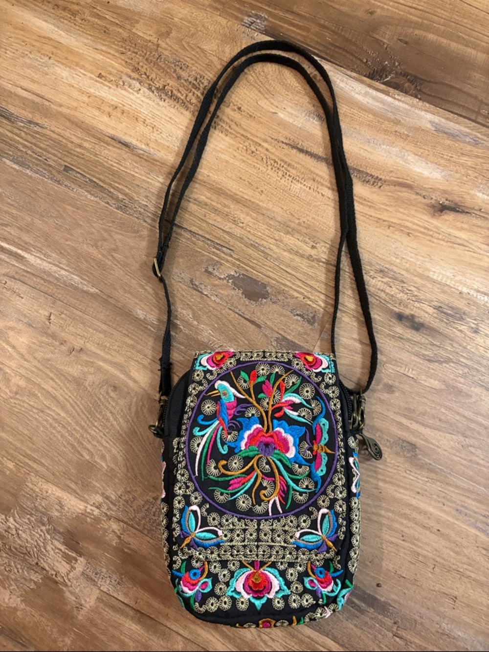 Black Embroidered Floral Crossbody Bag